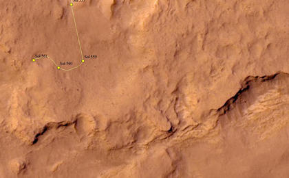 This map shows the route driven by NASA's Mars rover Curiosity through the 561 Martian day, or sol, of the rover's mission on Mars (March 5, 2014).