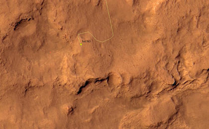 This map shows the route driven by NASA's Mars rover Curiosity through the 563 Martian day, or sol, of the rover's mission on Mars (March 7, 2014).