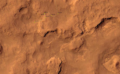 This map shows the route driven by NASA's Mars rover Curiosity through the 564 Martian day, or sol, of the rover's mission on Mars (March 8, 2014).