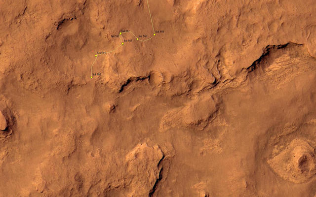 This map shows the route driven by NASA's Mars rover Curiosity through the 565 Martian day, or sol, of the rover's mission on Mars (March 9, 2014).