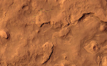 This map shows the route driven by NASA's Mars rover Curiosity through the 565 Martian day, or sol, of the rover's mission on Mars (March 9, 2014).