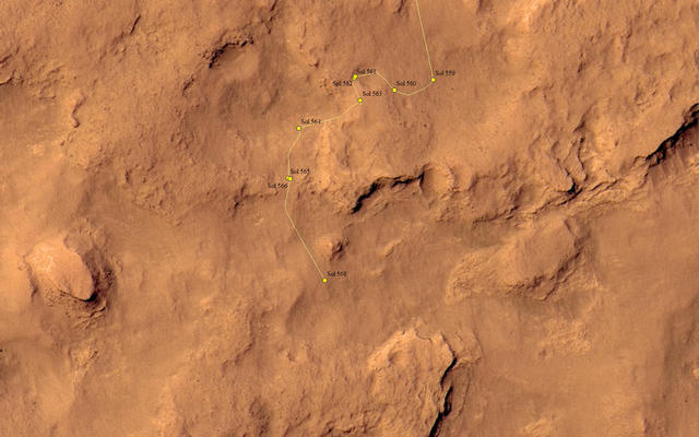 This map shows the route driven by NASA's Mars rover Curiosity through the 568 Martian day, or sol, of the rover's mission on Mars (March 12, 2014).