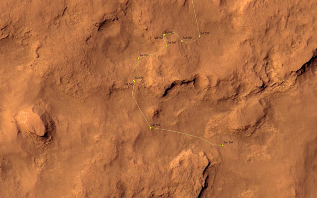 This map shows the route driven by NASA's Mars rover Curiosity through the 569 Martian day, or sol, of the rover's mission on Mars (March 13, 2014).