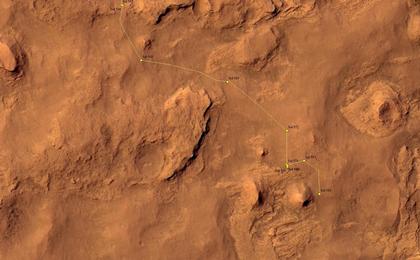 This map shows the route driven by NASA's Mars rover Curiosity through the 588 Martian day, or sol, of the rover's mission on Mars (April 2, 2014).