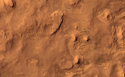 This map shows the route driven by NASA's Mars rover Curiosity through the 593 Martian day, or sol, of the rover's mission on Mars (April 7, 2014).
