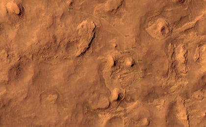 This map shows the route driven by NASA's Mars rover Curiosity through the 595 Martian day, or sol, of the rover's mission on Mars (April 9, 2014).