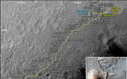 This map shows the route driven by NASA's Mars rover Curiosity through the 597 Martian day, or sol, of the rover's mission on Mars (April 11, 2014).