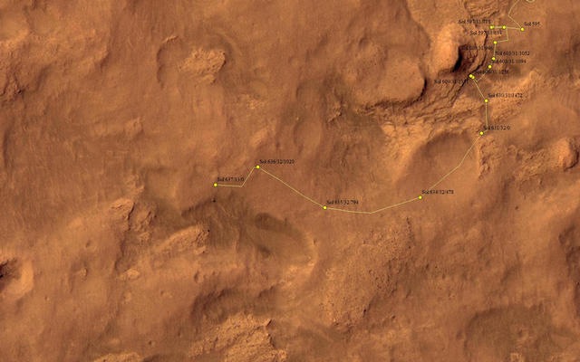 This map shows the route driven by NASA's Mars rover Curiosity through the 637 Martian day, or sol, of the rover's mission on Mars (May 22, 2014).