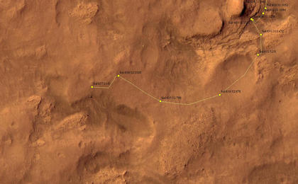 This map shows the route driven by NASA's Mars rover Curiosity through the 637 Martian day, or sol, of the rover's mission on Mars (May 22, 2014).