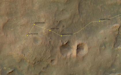 This map shows the route driven by NASA's Mars rover Curiosity through the 651 Martian day, or sol, of the rover's mission on Mars (June 6, 2014).
