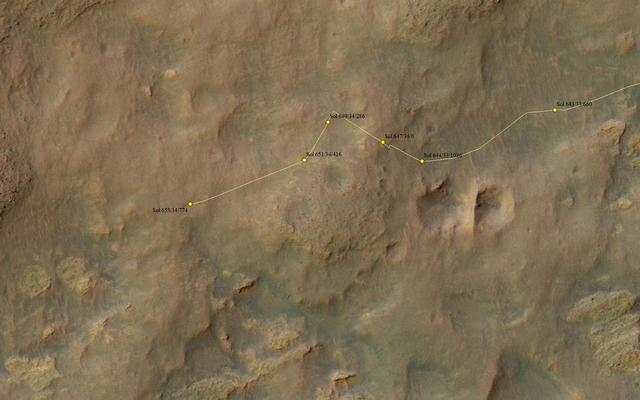 This map shows the route driven by NASA's Mars rover Curiosity through the 655 Martian day, or sol, of the rover's mission on Mars (June 10, 2014).