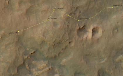 This map shows the route driven by NASA's Mars rover Curiosity through the 655 Martian day, or sol, of the rover's mission on Mars (June 10, 2014).