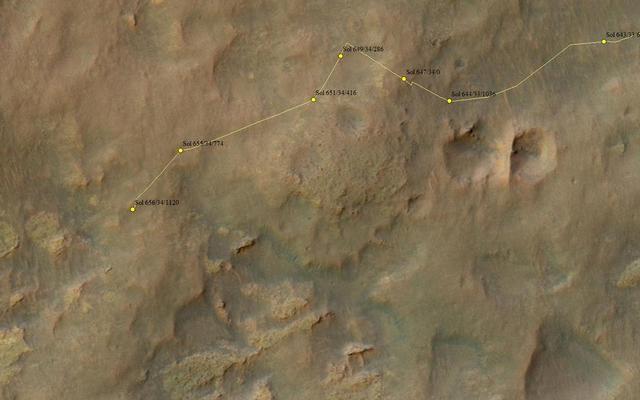 This map shows the route driven by NASA's Mars rover Curiosity through the 656 Martian day, or sol, of the rover's mission on Mars (June 11, 2014).
