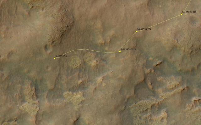 This map shows the route driven by NASA's Mars rover Curiosity through the 657 Martian day, or sol, of the rover's mission on Mars (June 12, 2014).