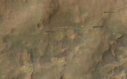 This map shows the route driven by NASA's Mars rover Curiosity through the 657 Martian day, or sol, of the rover's mission on Mars (June 12, 2014).