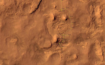 This map shows the route driven by NASA's Mars rover Curiosity through the 630 Martian day, or sol, of the rover's mission on Mars (May 15, 2014).