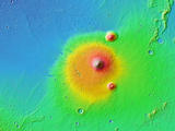 This is a colorized topographic map of the volcanic province Elysium, together with its surroundings, from the Mars Orbiter Laser Altimeter (MOLA) instrument of the Mars Global Surveyor spacecraft.