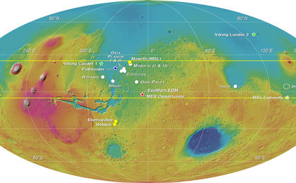 Global color map of Mars in an oval shape showing colors, which represent the highs and lows of Mars.  The landing sites for past missions are noted by stars and the four down selected landing sites for ExoMars are also noted.
