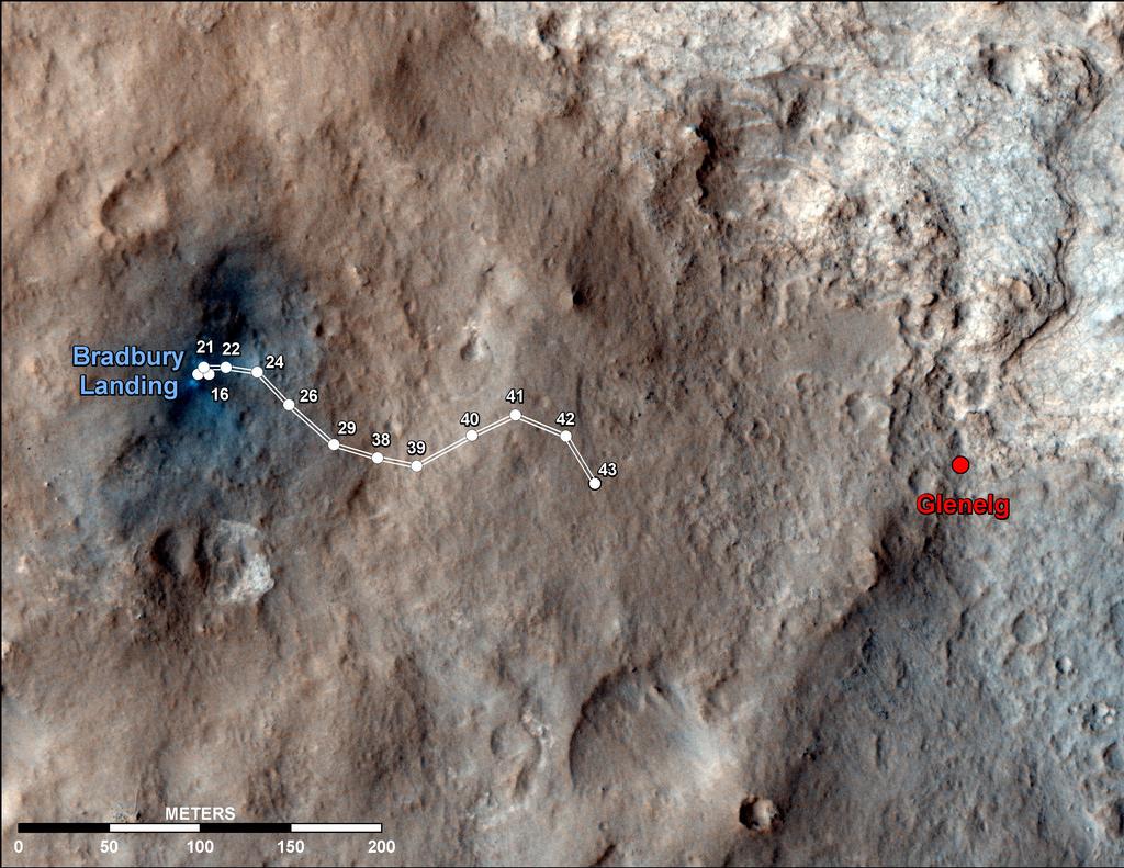 This map shows the route driven by NASA's Mars rover Curiosity through the 43rd Martian day, or sol, of the rover's mission on Mars (Sept. 19, 2012).