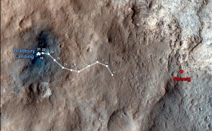 This map shows the route driven by NASA's Mars rover Curiosity through the 43rd Martian day, or sol, of the rover's mission on Mars (Sept. 19, 2012).