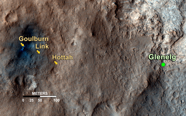 This map shows the path on Mars of NASA's Curiosity rover toward Glenelg, an area where three terrains of scientific interest converge.