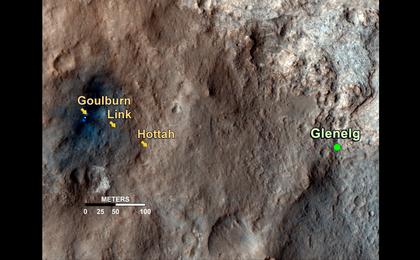 This map shows the path on Mars of NASA's Curiosity rover toward Glenelg, an area where three terrains of scientific interest converge.