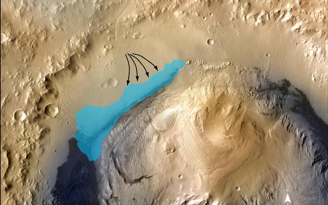 This illustration depicts a concept for the possible extent of an ancient lake inside Gale Crater.