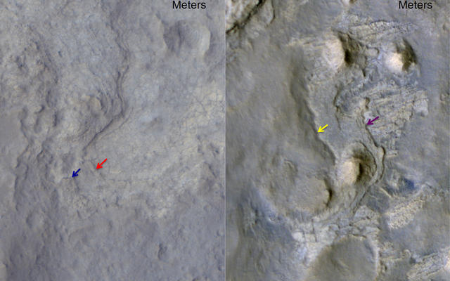Images of locations in Gale Crater taken from orbit around Mars reveal evidence of erosion in recent geological times and development of small scarps, or vertical surfaces.