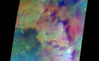 Pastel colors swirl across Mars, revealing differences in the composition and nature of the surface in this false-color infrared image.