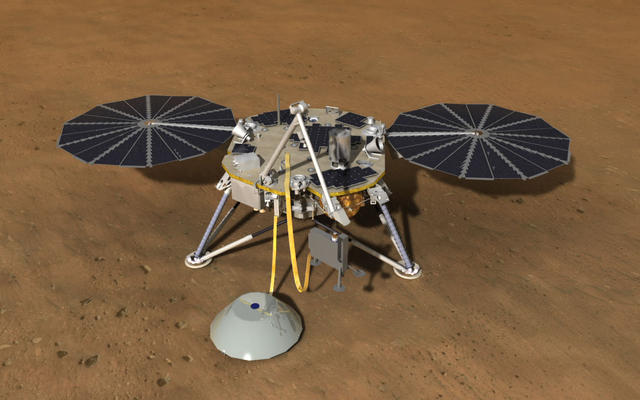 This artist's rendition shows NASA's future InSight Mars lander spacecraft on the Red Planet. The mission, which is scheduled to launch in 2016, is designed to investigate the evolution of Mars.