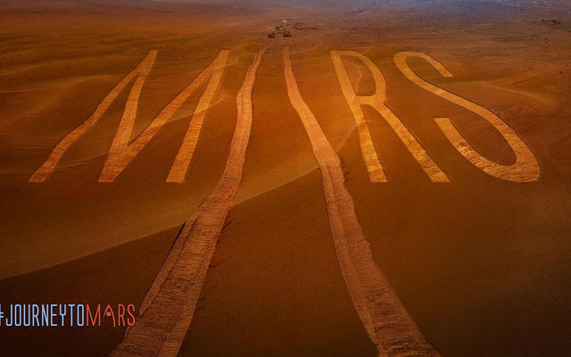 Mars, rover tracks, wheels, and the Martian surface are represented in this image