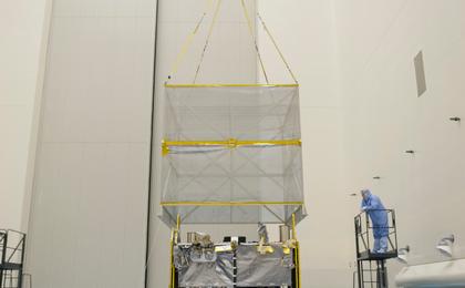 NASA's Mars Atmosphere and Volatiles Evolution (MAVEN) spacecraft is seen inside the Payload Hazardous Servicing Facility on Aug. 3. 2013 at the agency's Kennedy Space Center in Florida.