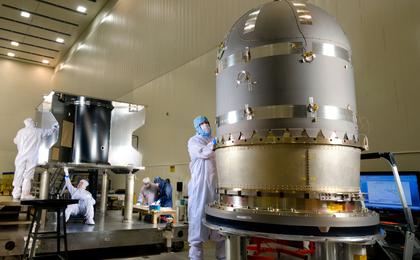 This photo taken on March 3 shows the large hydrazine propellant tank prior to integration with the core structure of the MAVEN spacecraft at a Lockheed Martin clean room near Denver.
