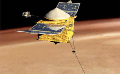 This is a side view of an artist's conception of NASA's Mars Atmosphere and Volatile Evolution MissioN (MAVEN)  Mars orbiter.