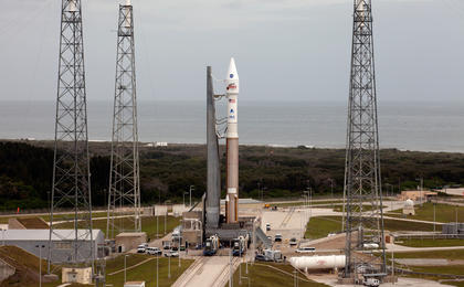 The Atlas V rocket carrying the Mars Atmosphere and Volatile Evolution (MAVEN) spacecraft sits at the launch pad at Florida's Cape Canaveral Air Force Station after rolling out from Space Launch Complex 41 on Saturday, Nov. 16. MAVEN is set to launch at 1:28 p.m. EST on Monday on a 10-month journey to the Red Planet.