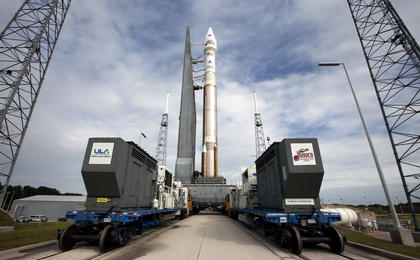 The United Launch Alliance Atlas V rocket carrying NASA's Mars Atmosphere and Volatile EvolutioN, or MAVEN, spacecraft arrives at the pad at Space Launch Complex 41 on Cape Canaveral Air Force Station in Florida after a 20-minute journey from the Vertical Integration Facility. Rollout began on schedule with first motion at 9:57 a.m.