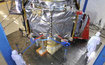 NASA's MAVEN spacecraft underwent acoustics testing on Feb. 13, 2013 at Lockheed Martin Space Systems' Reverberant Acoustic Laboratory.