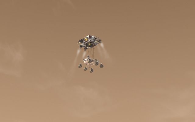 Artist's concept of Curiosity as it is being lowered for landing.
