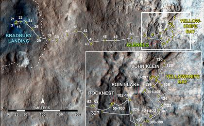 This map shows the route driven by NASA's Mars rover Curiosity through the 327 Martian day, or sol, of the rover's mission on Mars (July 8, 2013).