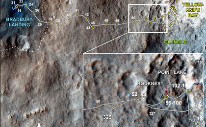 This map shows the route driven by NASA's Mars rover Curiosity through the 329 Martian day, or sol, of the rover's mission on Mars (July 10, 2013).