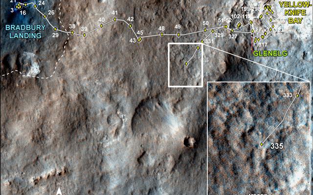 This map shows the route driven by NASA's Mars rover Curiosity through the 335 Martian day, or sol, of the rover's mission on Mars (July 16, 2013).