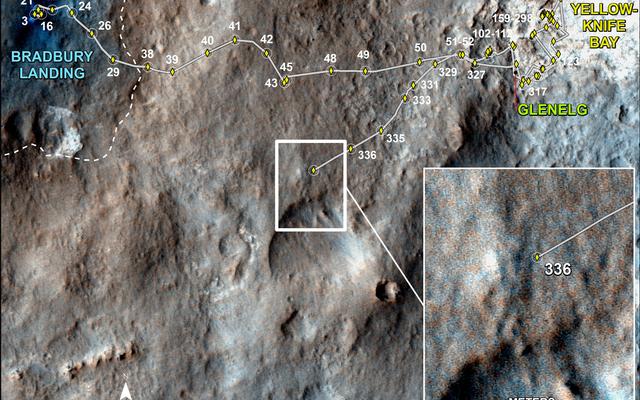 This map shows the route driven by NASA's Mars rover Curiosity through the 337 Martian day, or sol, of the rover's mission on Mars (July 18, 2013).