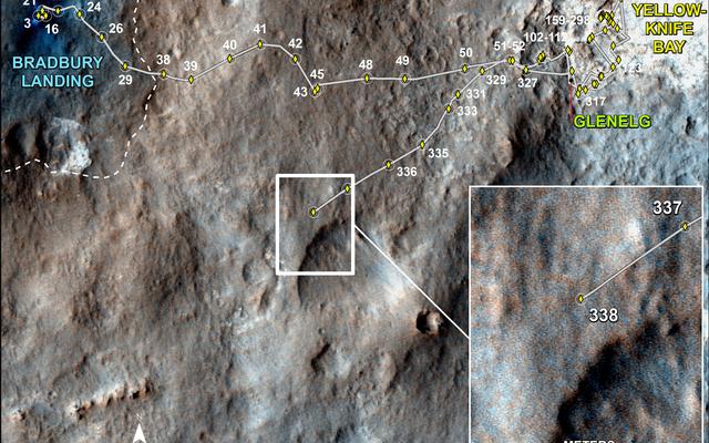 This map shows the route driven by NASA's Mars rover Curiosity through the 338 Martian day, or sol, of the rover's mission on Mars (July 19, 2013).
