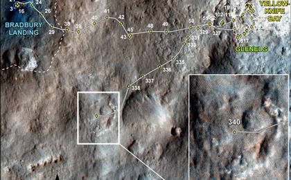 This map shows the route driven by NASA's Mars rover Curiosity through the 340 Martian day, or sol, of the rover's mission on Mars (July 21, 2013).