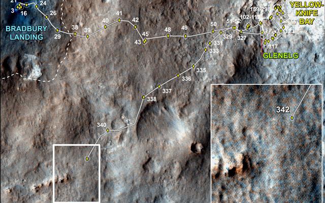 This map shows the route driven by NASA's Mars rover Curiosity through the 342 Martian day, or sol, of the rover's mission on Mars (July 23, 2013).