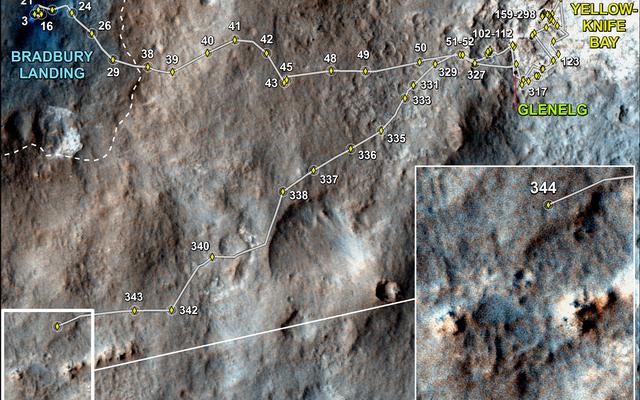 This map shows the route driven by NASA's Mars rover Curiosity through the 344 Martian day, or sol, of the rover's mission on Mars (July 24, 2013).