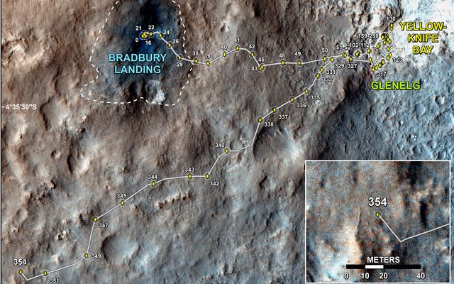This map shows the route driven by NASA's Mars rover Curiosity through the 354 Martian day, or sol, of the rover's mission on Mars (August 5, 2013).