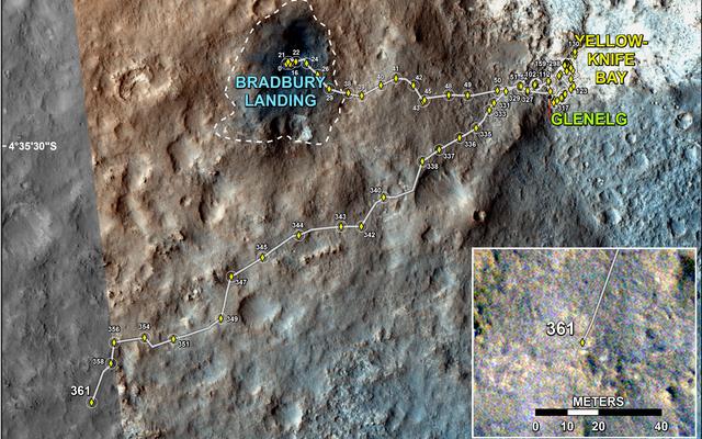 This map shows the route driven by NASA's Mars rover Curiosity through the 361 Martian day, or sol, of the rover's mission on Mars (August 12, 2013).