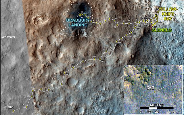 This map shows the route driven by NASA's Mars rover Curiosity through the 363 Martian day, or sol, of the rover's mission on Mars (August 14, 2013).