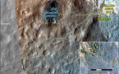 This map shows the route driven by NASA's Mars rover Curiosity through the 363 Martian day, or sol, of the rover's mission on Mars (August 14, 2013).